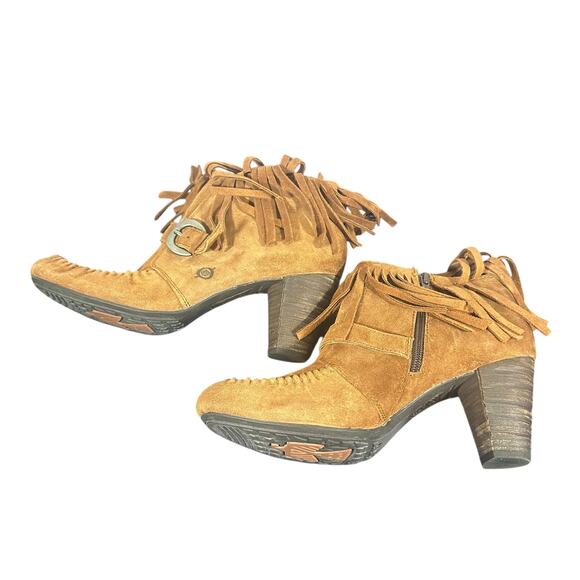 Born Fringe Suede Ankle Boots Brown Moc Toe Western Boho Size 9 Heeled bootie - Picture 6 of 11